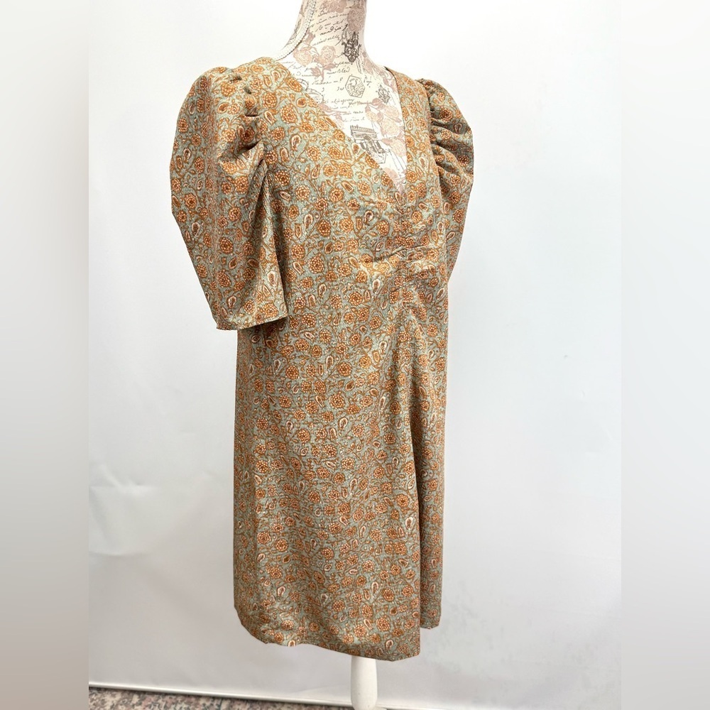 TREASURE & BOND Moss green and orange paisley puff sleeve shift dress size XXL. - Picture 8 of 13